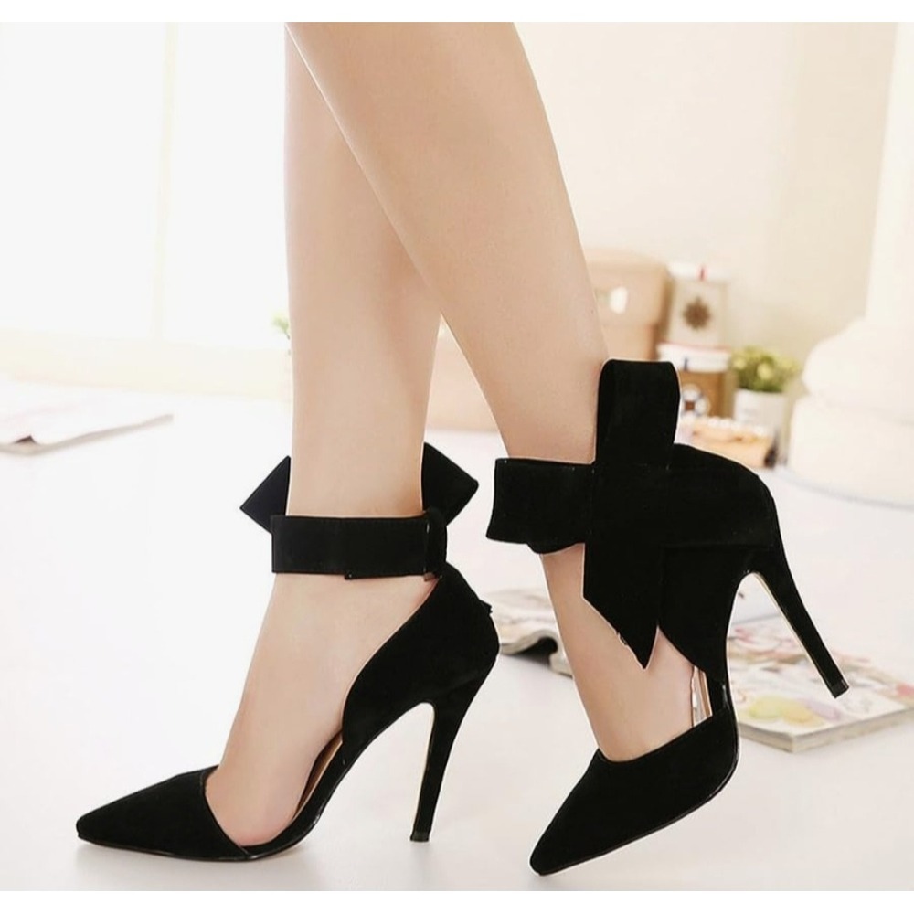 Maiernisi Jessi Black Faux Suede Pointed Toe Bow Ankle Strap Stiletto Heels 8.5
